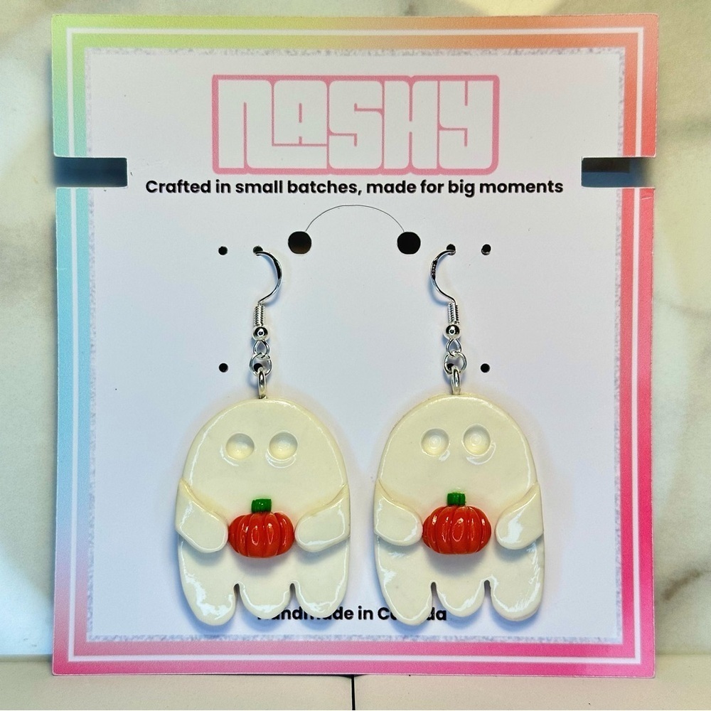 White Ghost Holding a Pumpkin - Handmade Earrings